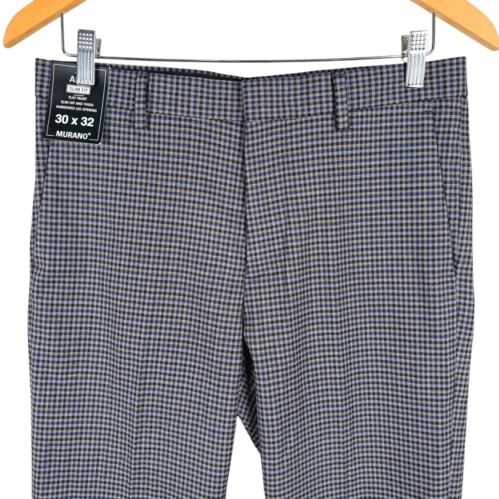 Murano Alex Slim Fit Dress Pants Mens 30x32 Blue Black Micro Check Trouser NEW